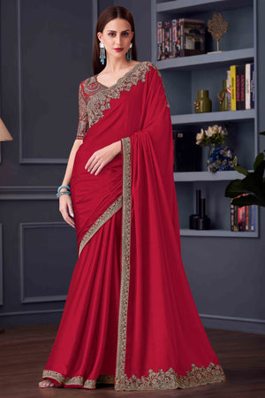 Red Chiffon Saree with Embellished Border