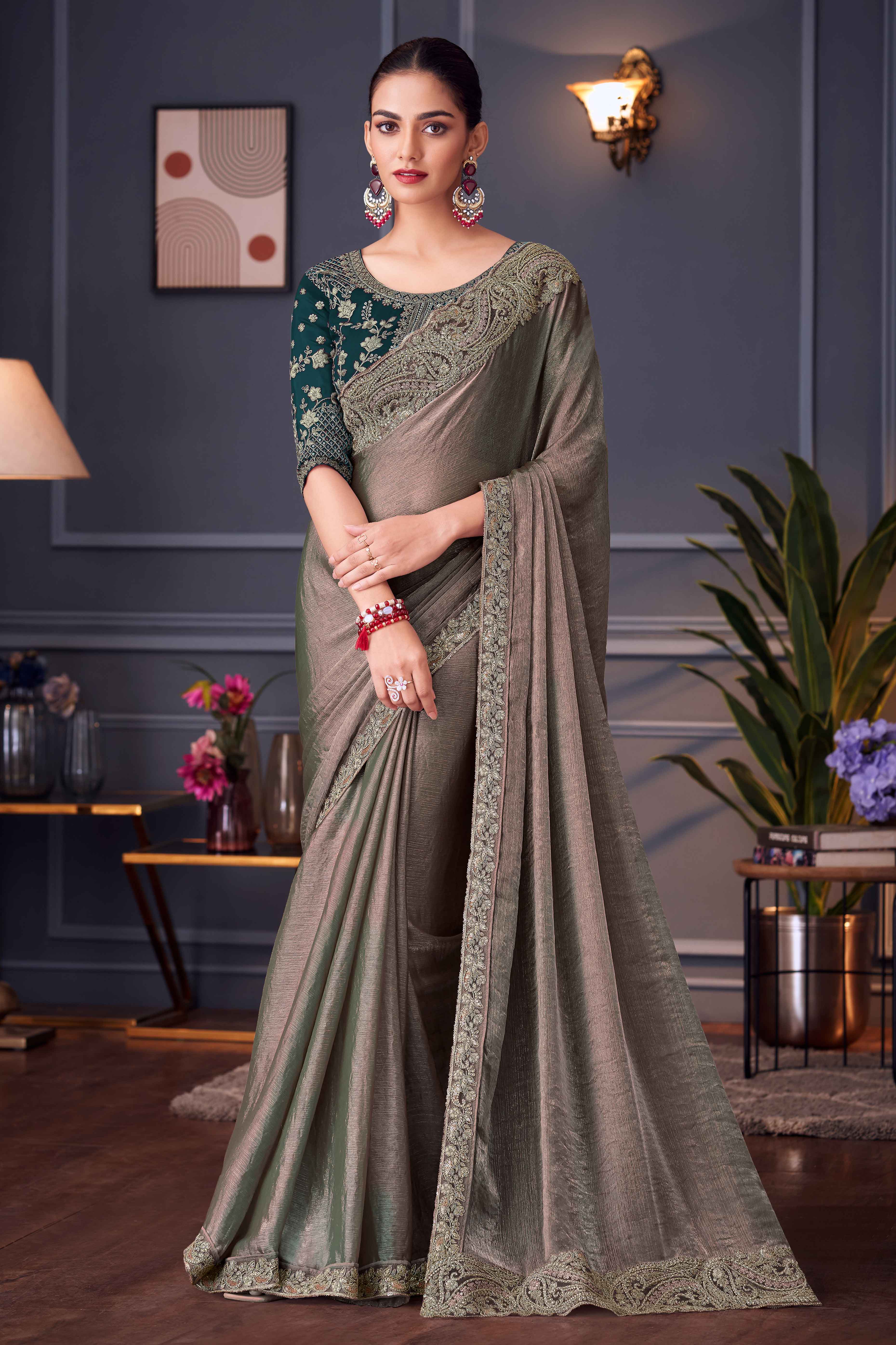 Grey Partywear Chiffon Saree with Ornate Border Detailing