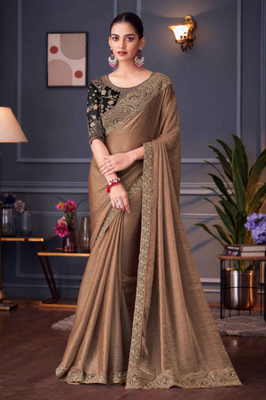 Brown Partywear Chiffon Saree with Ornate Border Detailing