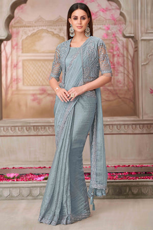Soft Georgette Grey Saree with Floral Thread & Sequin Accents