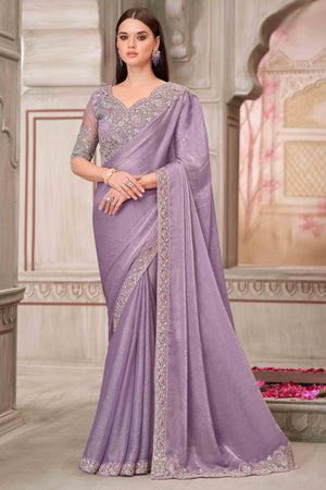 Radiant Lavender Chiffon Saree with Delicate Floral & Sequin Embellishments