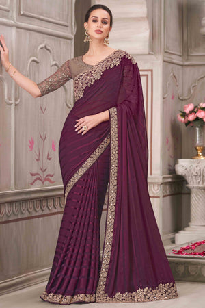 Soft Georgette Wine Saree with Floral Thread & Sequin Accents