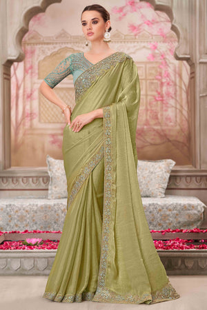 Radiant Pista Green Chiffon Saree with Delicate Floral & Sequin Embellishments