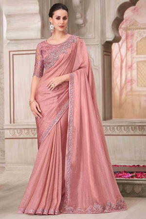 Soft Georgette Salmon Pink Saree with Floral Thread & Sequin Accents