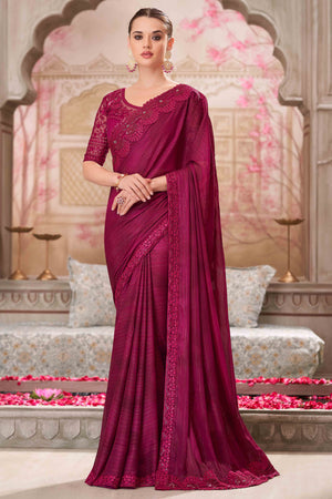 Soft Georgette Magenta Saree with Floral Thread & Sequin Accents