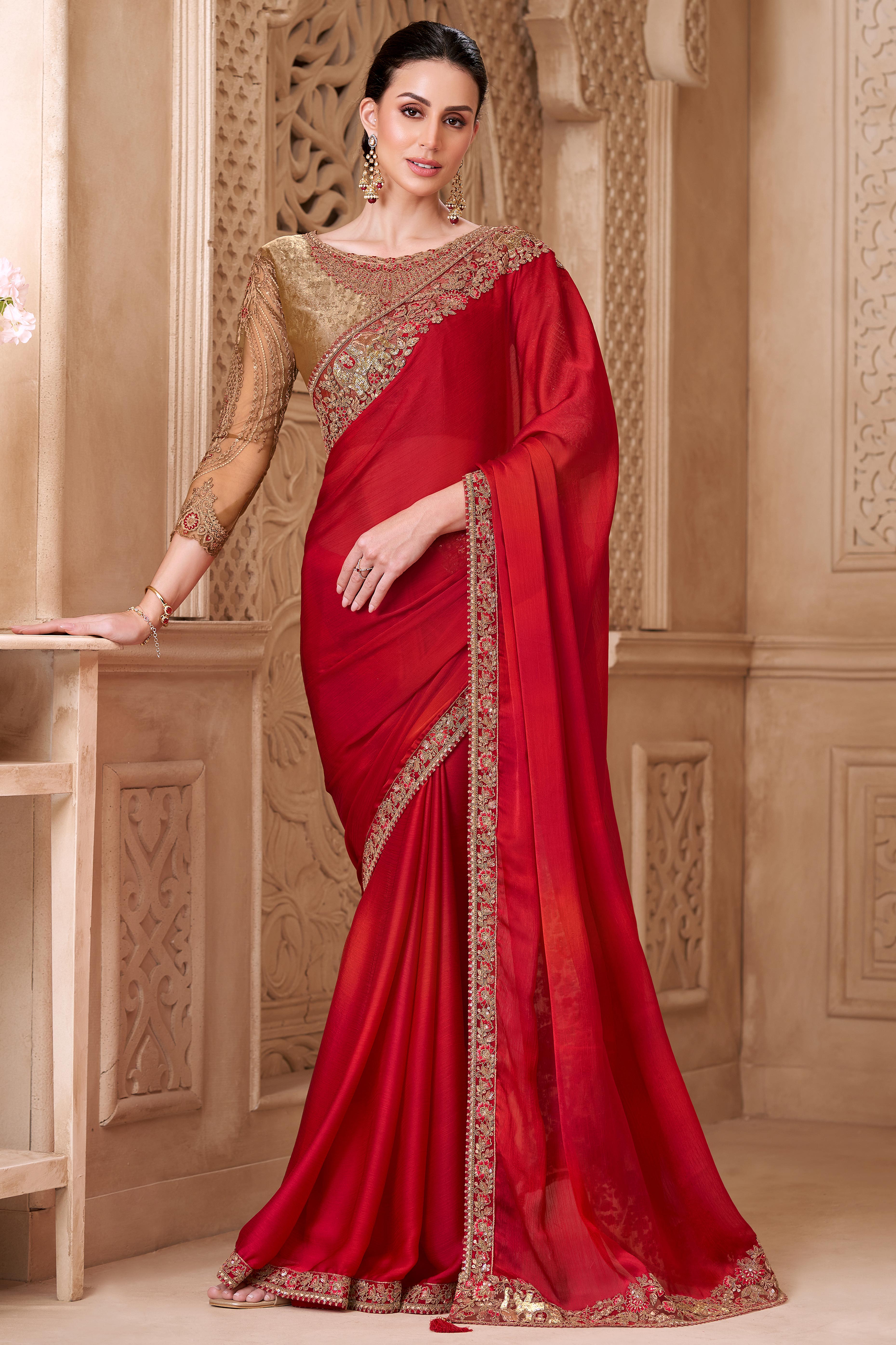 Designer Red Thread Embroidered Satin Saree with Sequin Highlights