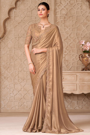 Shimmering Beige Georgette Saree with Graceful Thread Embellishment and Sequins