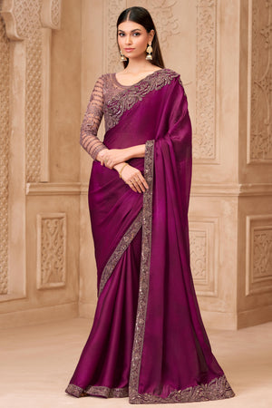 Stylish Magenta Chiffon Saree Crafted with Sequin Detailing and Thread Embroidery
