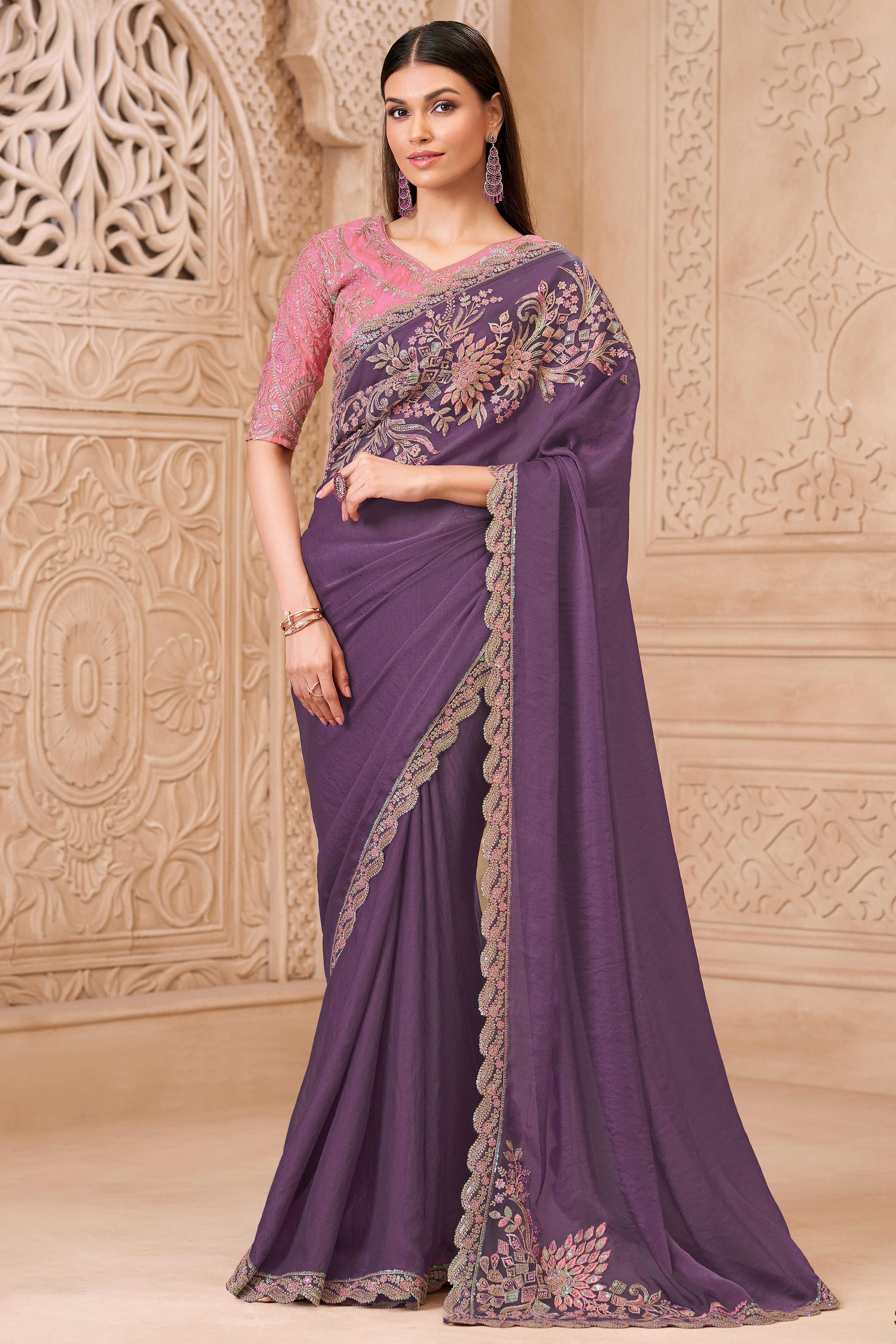 Designer Purple Thread Embroidered Satin Saree with Sequin Highlights