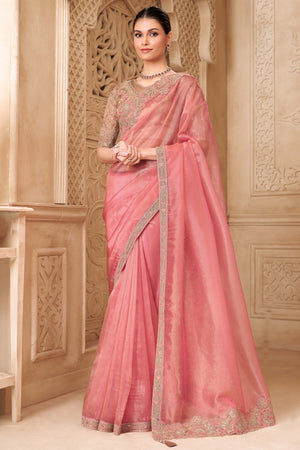 Stylish Pink Chiffon Saree Crafted with Sequin Detailing and Thread Embroidery