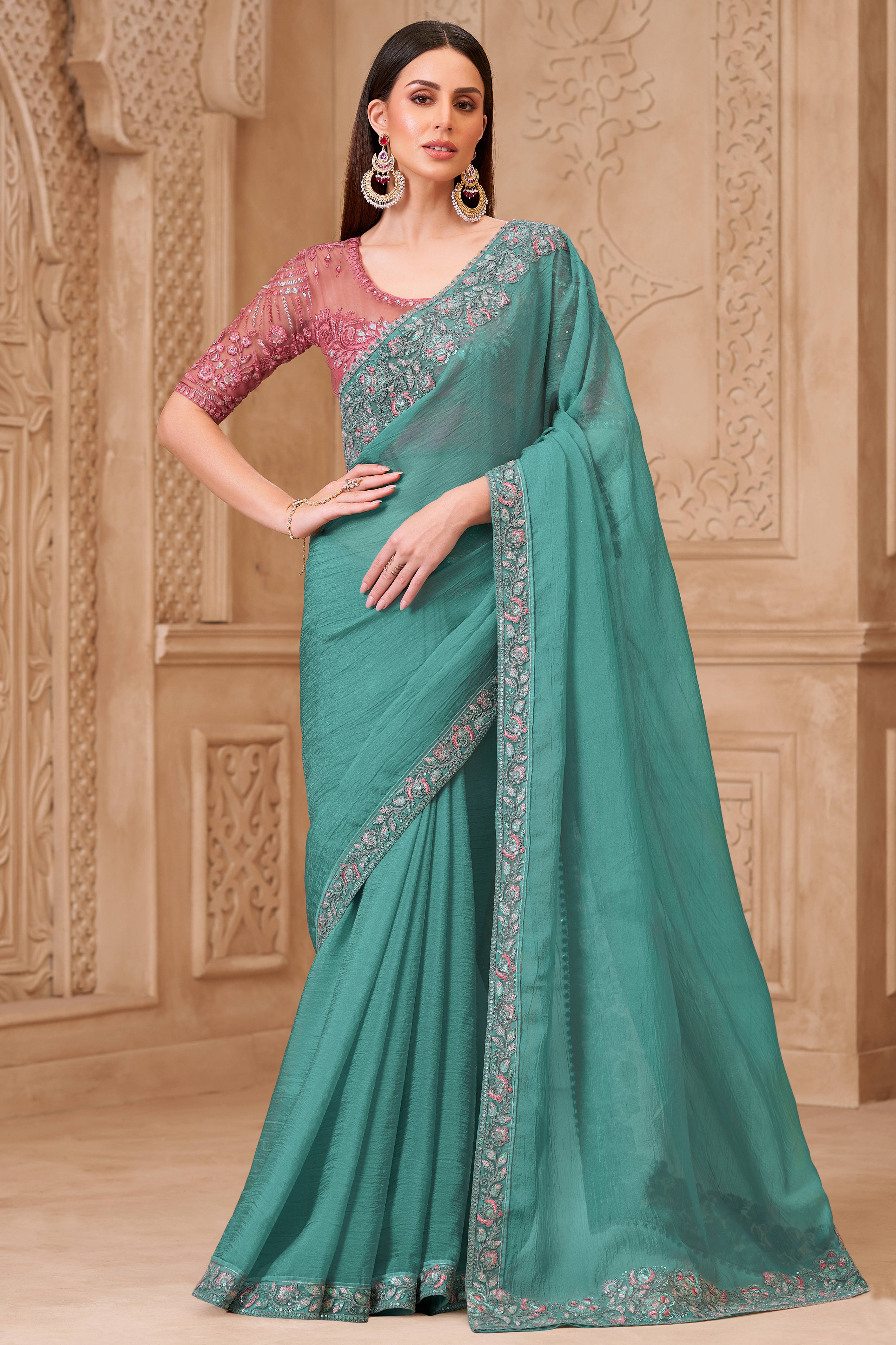 Stylish Sea Green Chiffon Saree Crafted with Sequin Detailing and Thread Embroidery