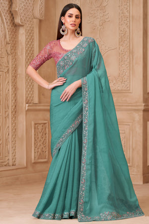 Stylish Sea Green Chiffon Saree Crafted with Sequin Detailing and Thread Embroidery