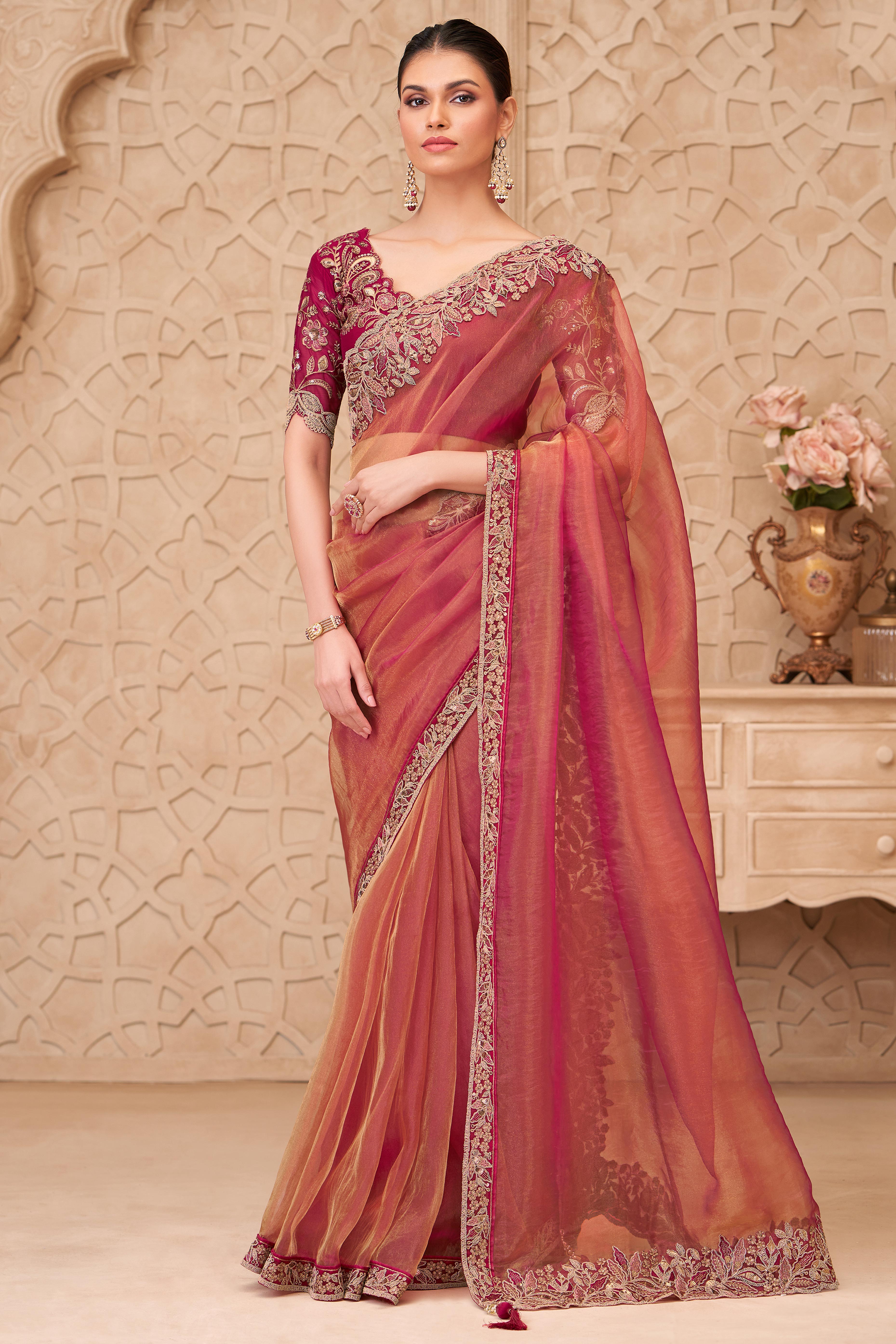 Shimmering Pink Georgette Saree with Graceful Thread Embellishment and Sequins
