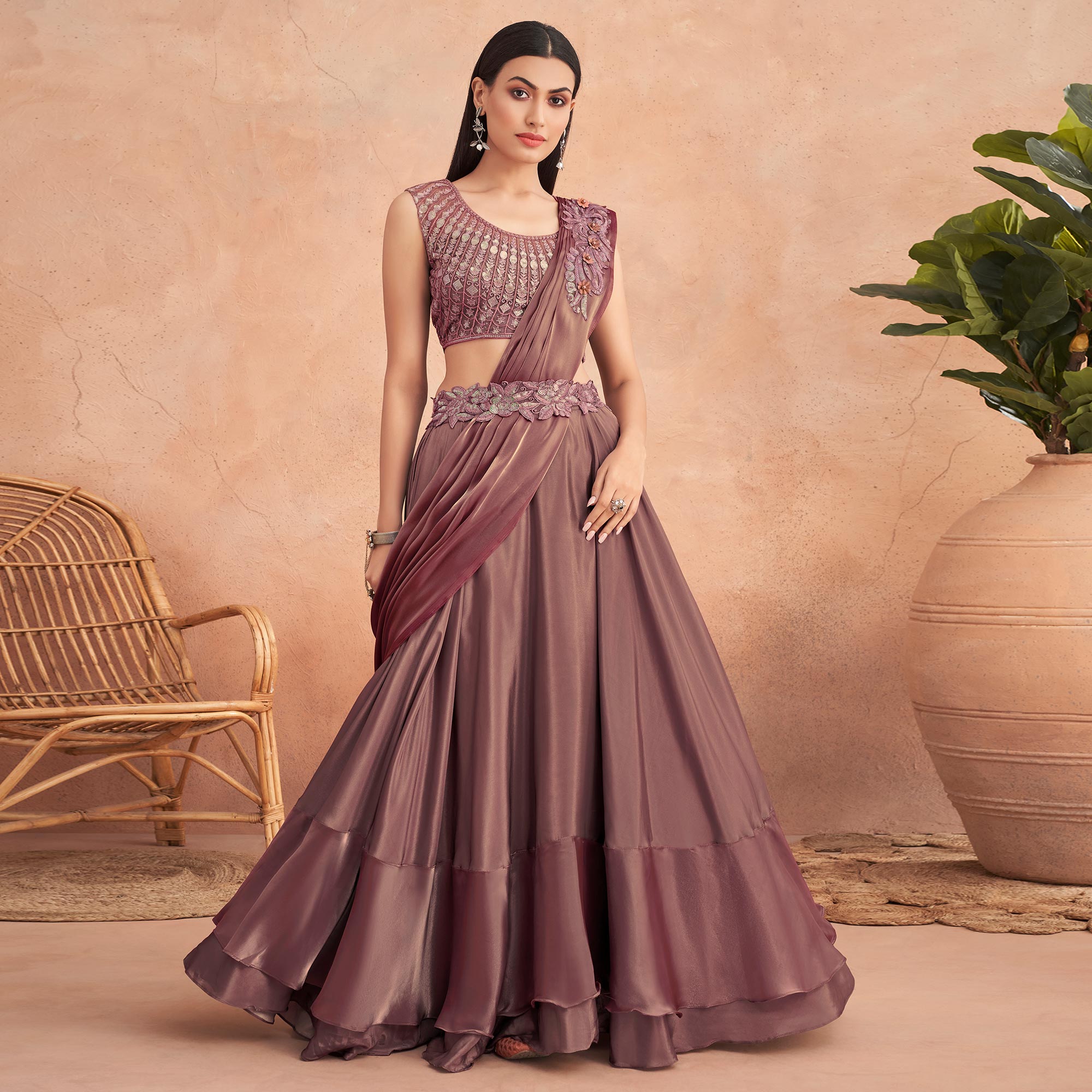 Rust Sequins Embroidered Ready To Wear Satin Silk Saree