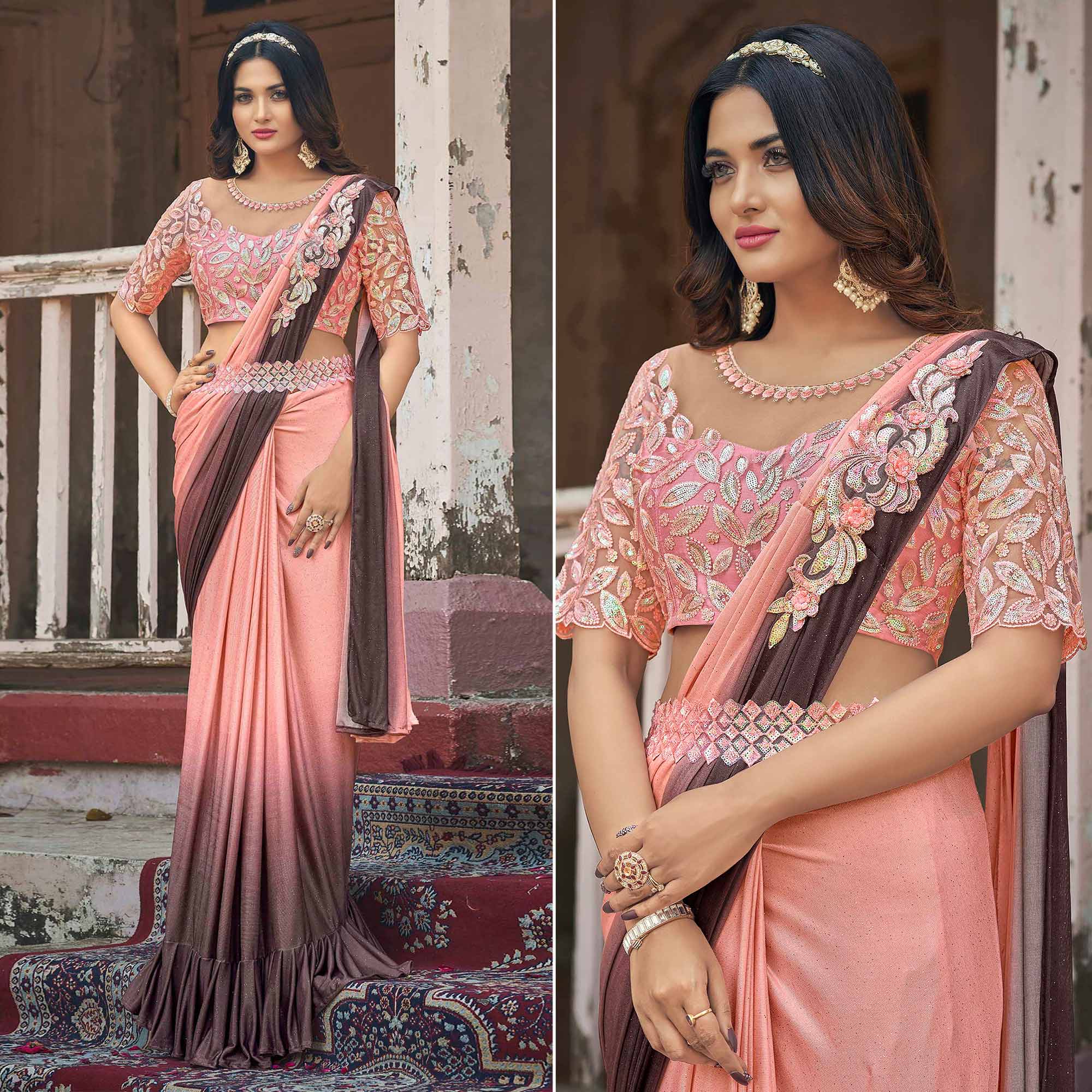 Peach Sequins Embroidered Ready To Wear Lycra Saree