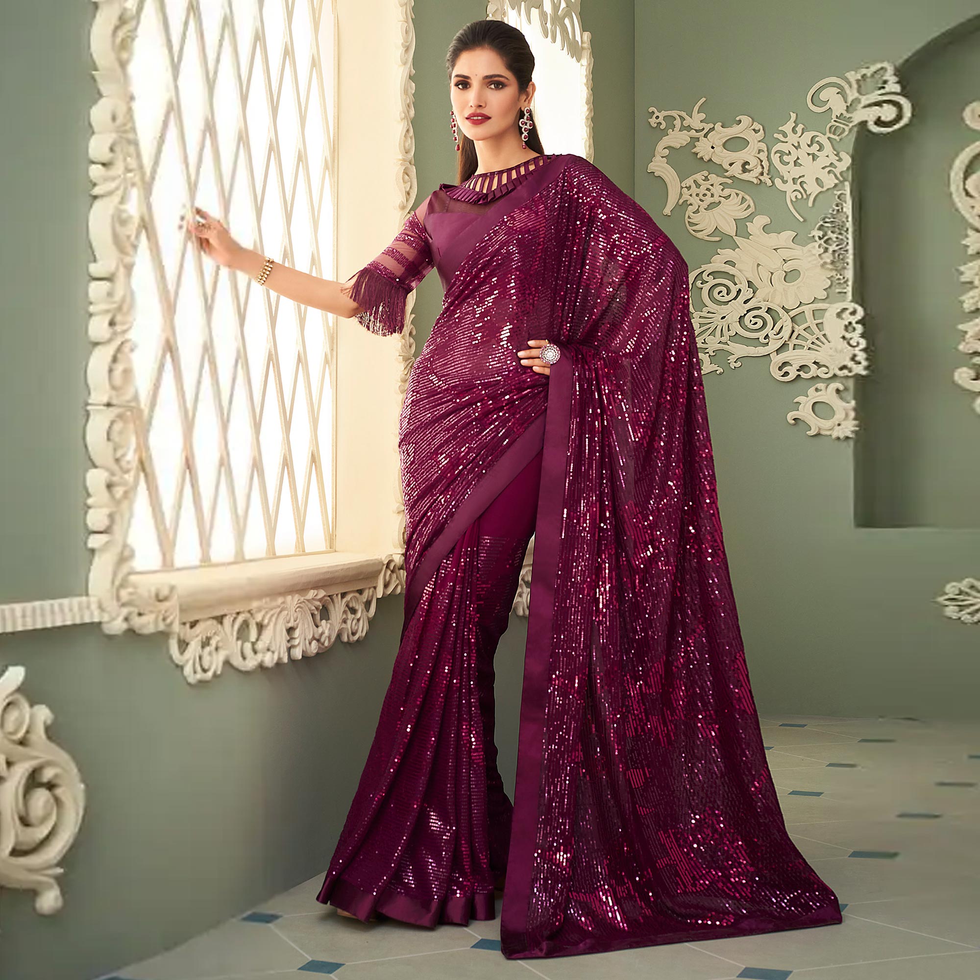 Wine Sequins Embroidered Georgette Saree