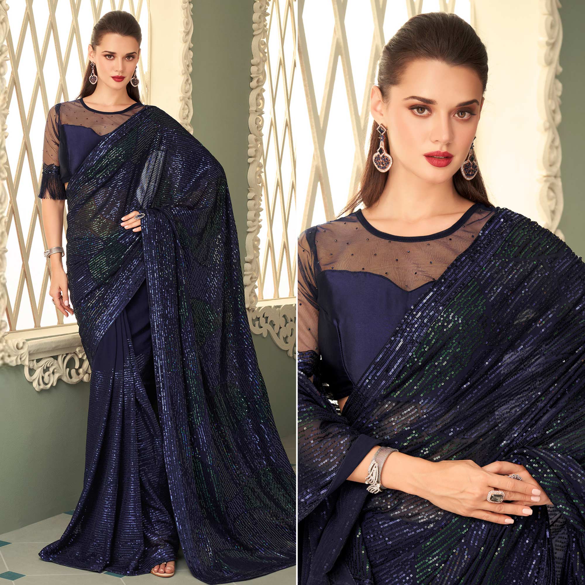 Navy Blue Sequins Embroidered Georgette Saree