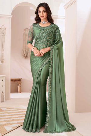 Green Sequins Embroidered Satin Saree