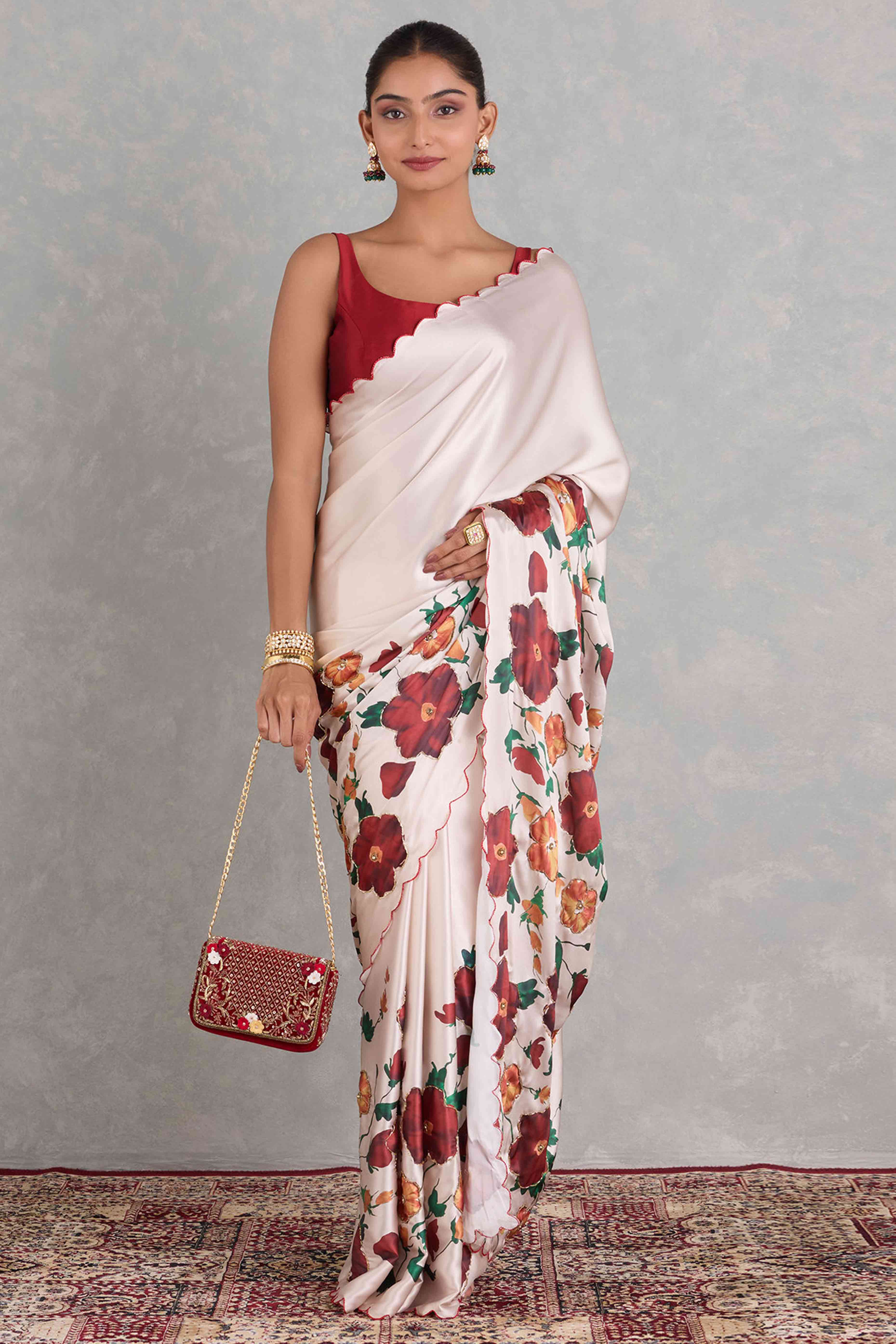 Off White Saree with Floral Prints on Soft Japan Satin