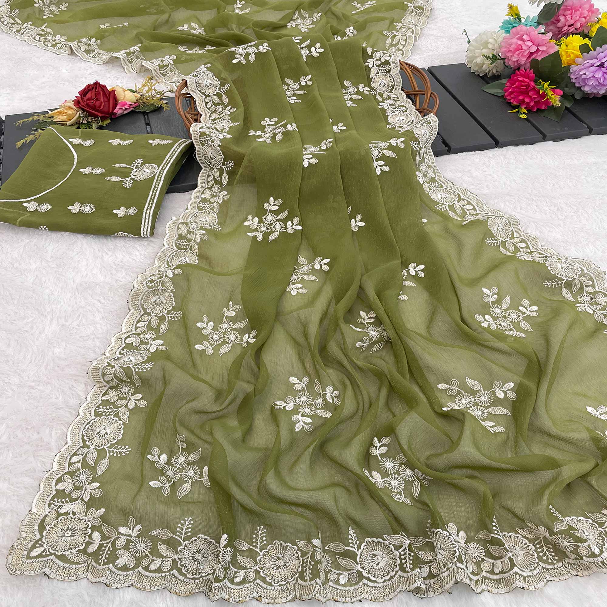 Green Shimmer Silk Saree with Graceful Floral Embroidery