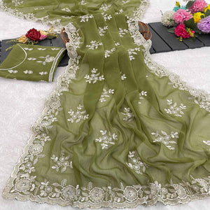 Green Shimmer Silk Saree with Graceful Floral Embroidery