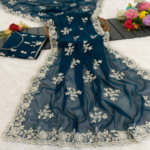 Teal Shimmer Silk Saree with Graceful Floral Embroidery