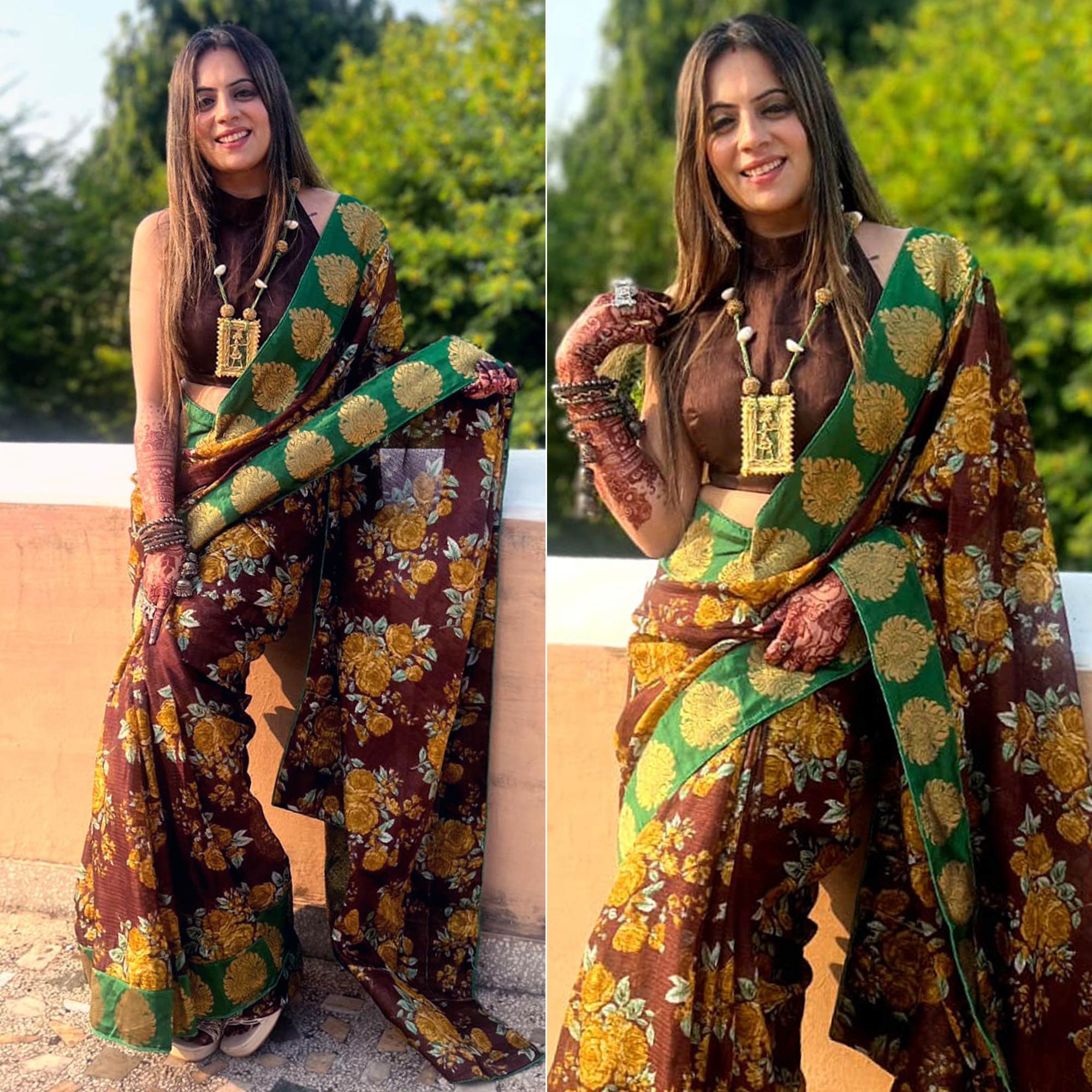 Brown Floral Printed Manipuri Silk Saree