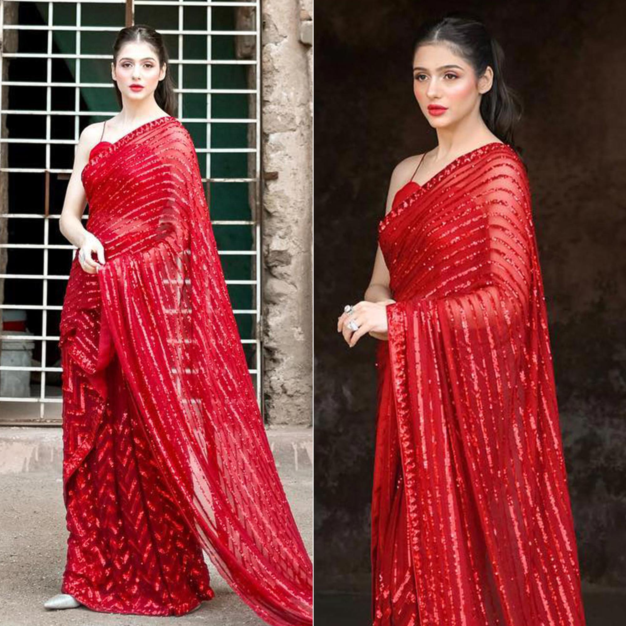 Red Sequins Embroidered Georgette Saree