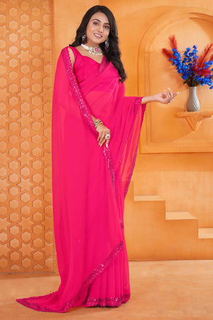Pink Georgette Saree with Subtle Solid Pattern and Sequins Border