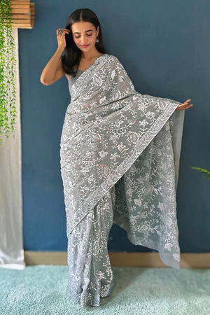 Grey Sequins Embellished Georgette Saree with Delicate Embroidery and Sheer Grace