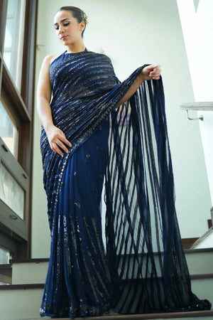 Blue Sequined Saree with Striped Design in Soft Georgette for Effortless Evening Elegance