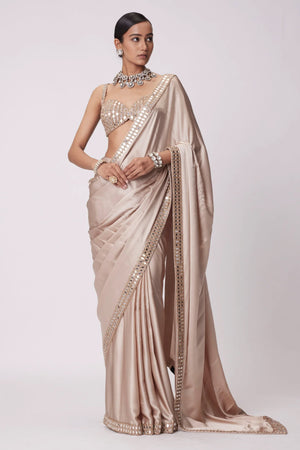 Beige Japan Satin Saree with Sparkling Mirror Embellishments