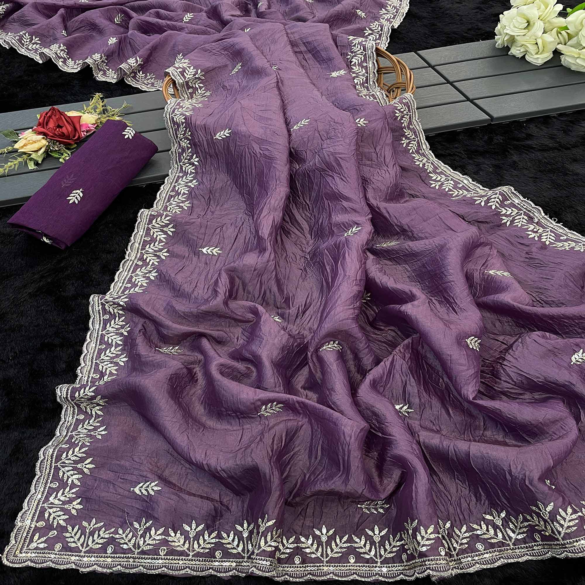 Purple Party Wear Art Silk Saree with Fine Embroidery