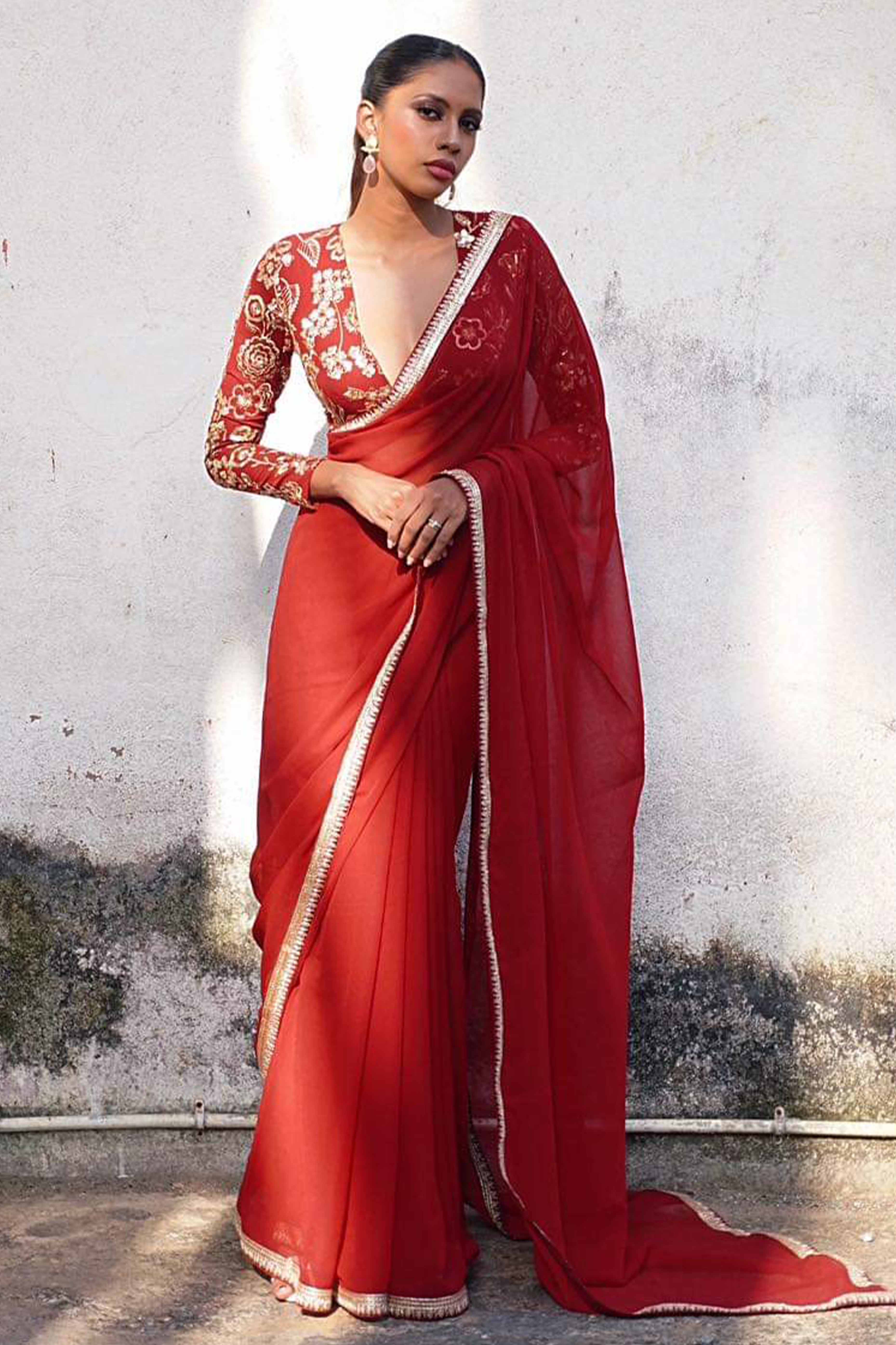 Bold Red Solid Pattern Georgette Saree with Embellished Lace Trim