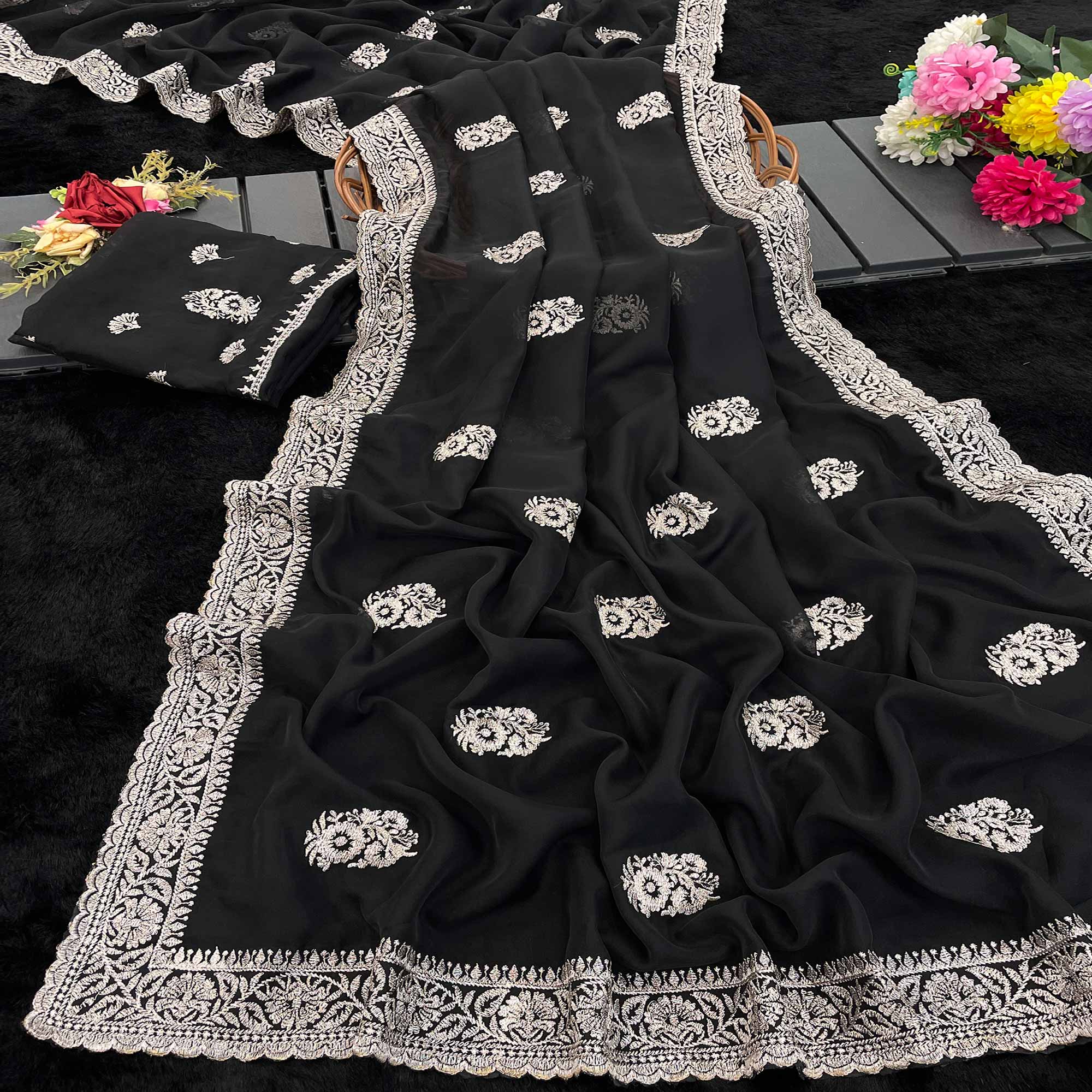 Black Saree in Organza with Intricate Floral Embroidery