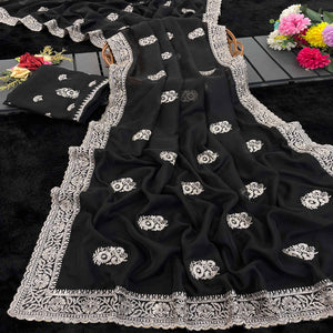Black Saree in Organza with Intricate Floral Embroidery