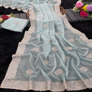Sky Blue Saree in Organza with Intricate Floral Embroidery