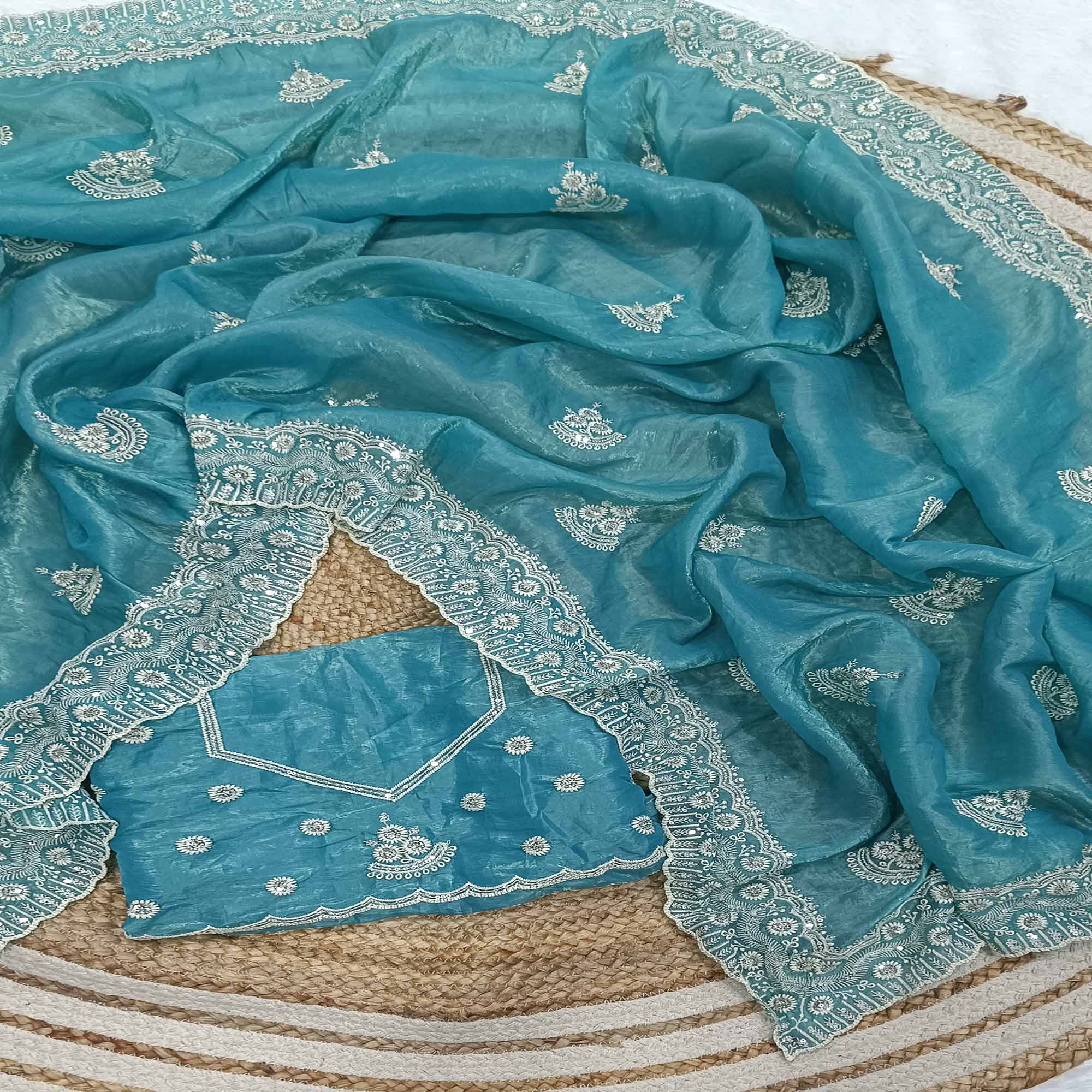 Blue Cotton Blend Saree With Intricate Floral Thread Embroidery & Sparkling Sequins