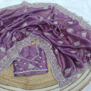 Lavender Cotton Blend Saree With Intricate Floral Thread Embroidery & Sparkling Sequins
