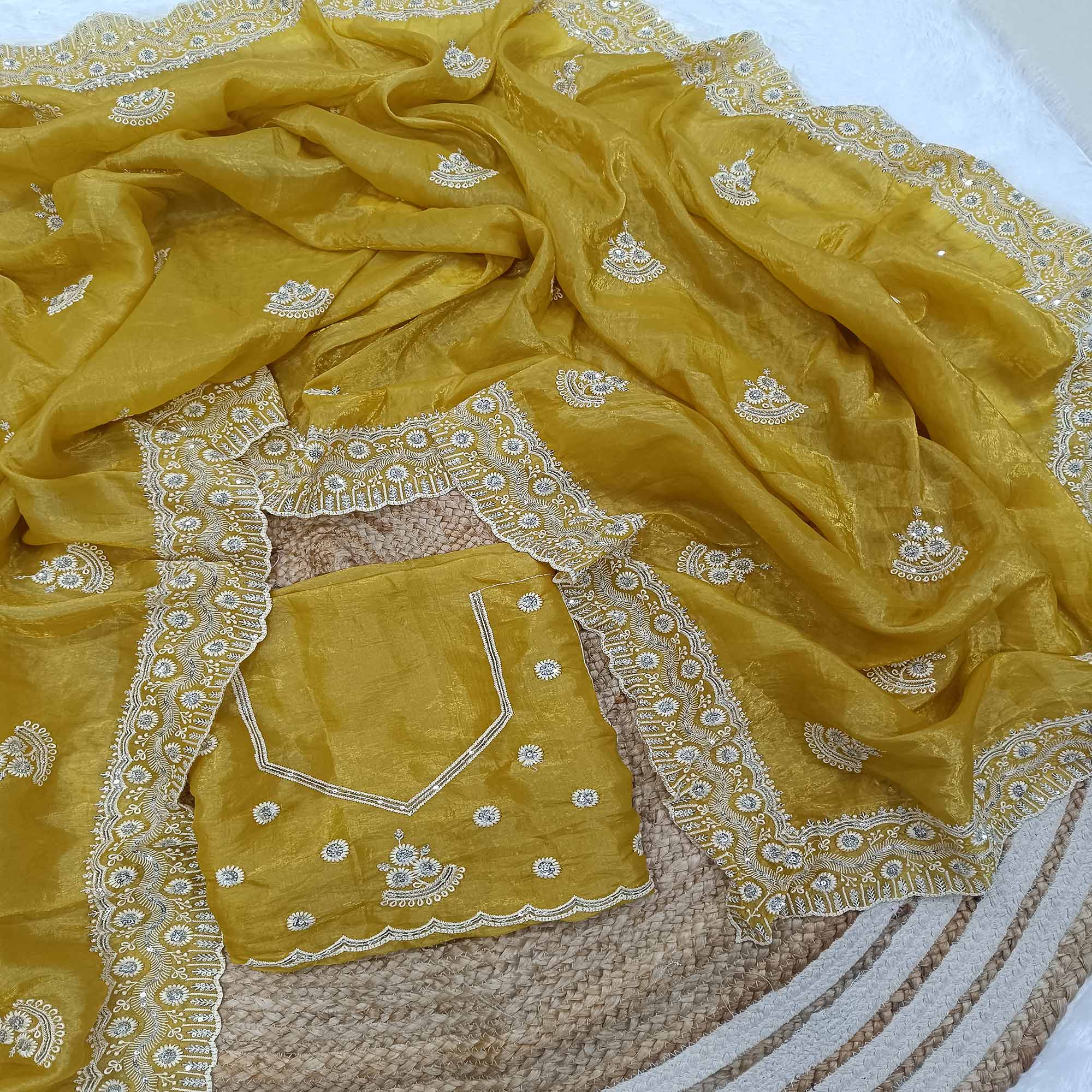 Mustard Cotton Blend Saree With Intricate Floral Thread Embroidery & Sparkling Sequins