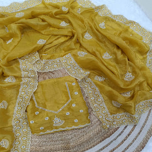 Mustard Cotton Blend Saree With Intricate Floral Thread Embroidery & Sparkling Sequins