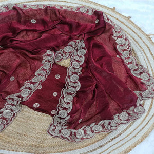 Maroon Satin Silk Saree Accented With Intricate Floral Cording Embroidery