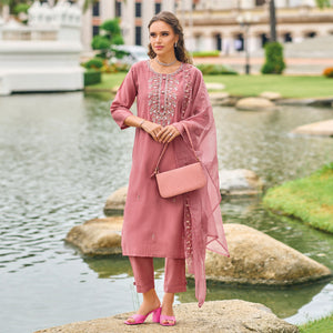 Mauve Floral Embroidered Cotton Silk Suit