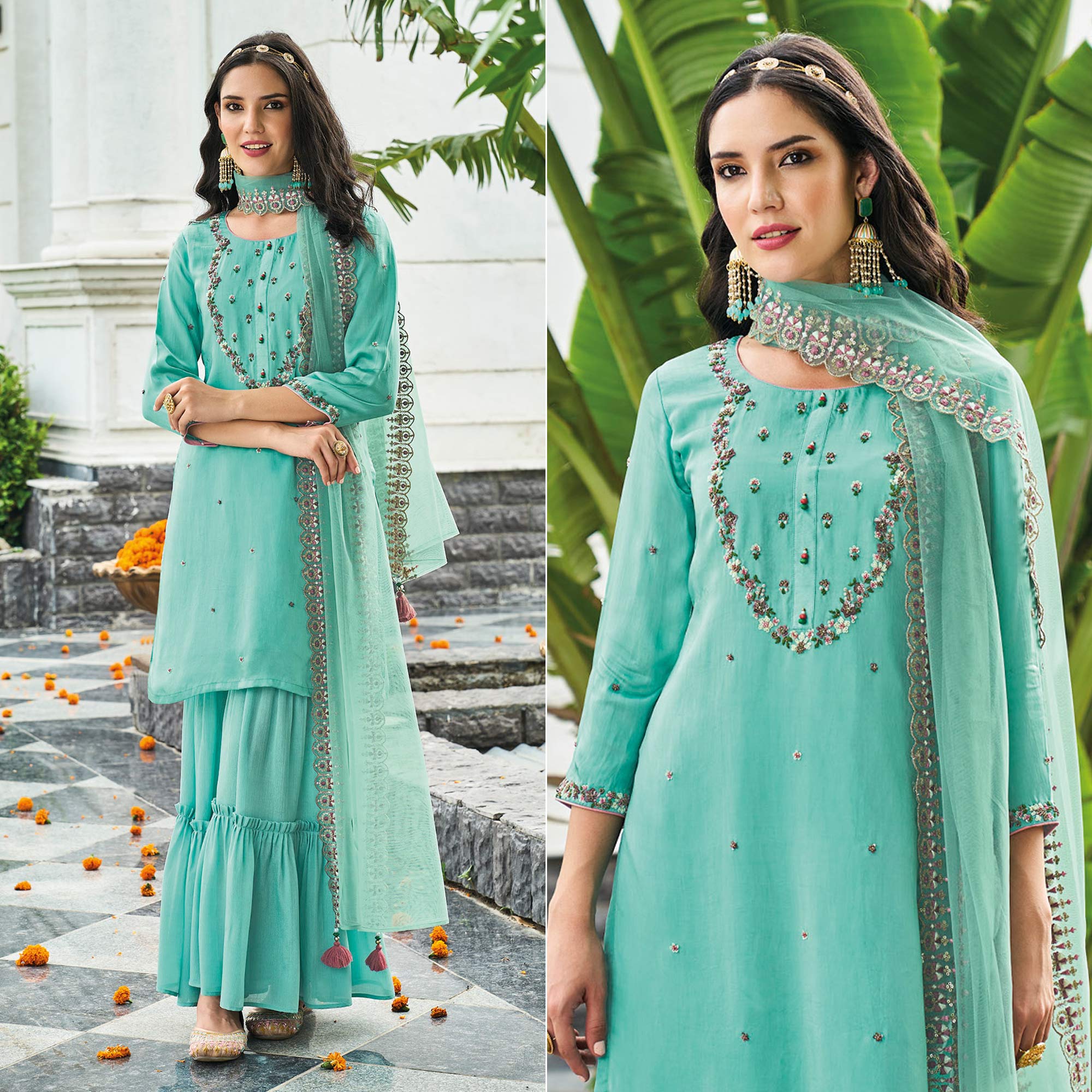 Turquoise Embroidered Chinon Sharara Suit