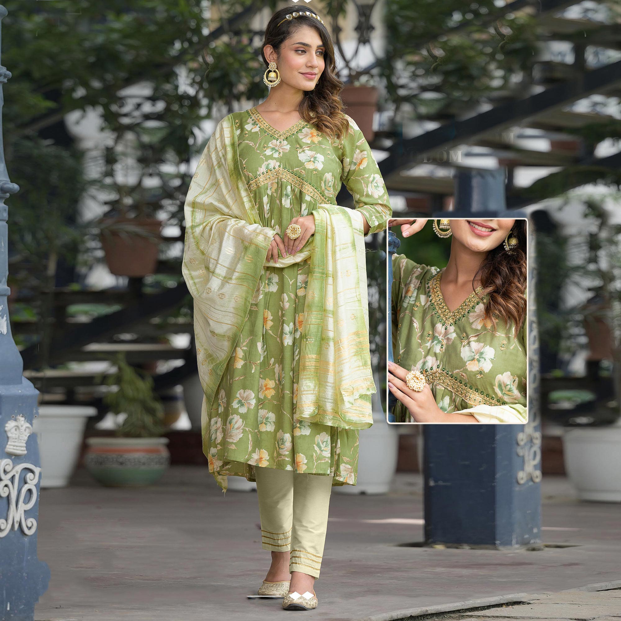 Green Floral Printed Modal Anarkali Salwar Suit