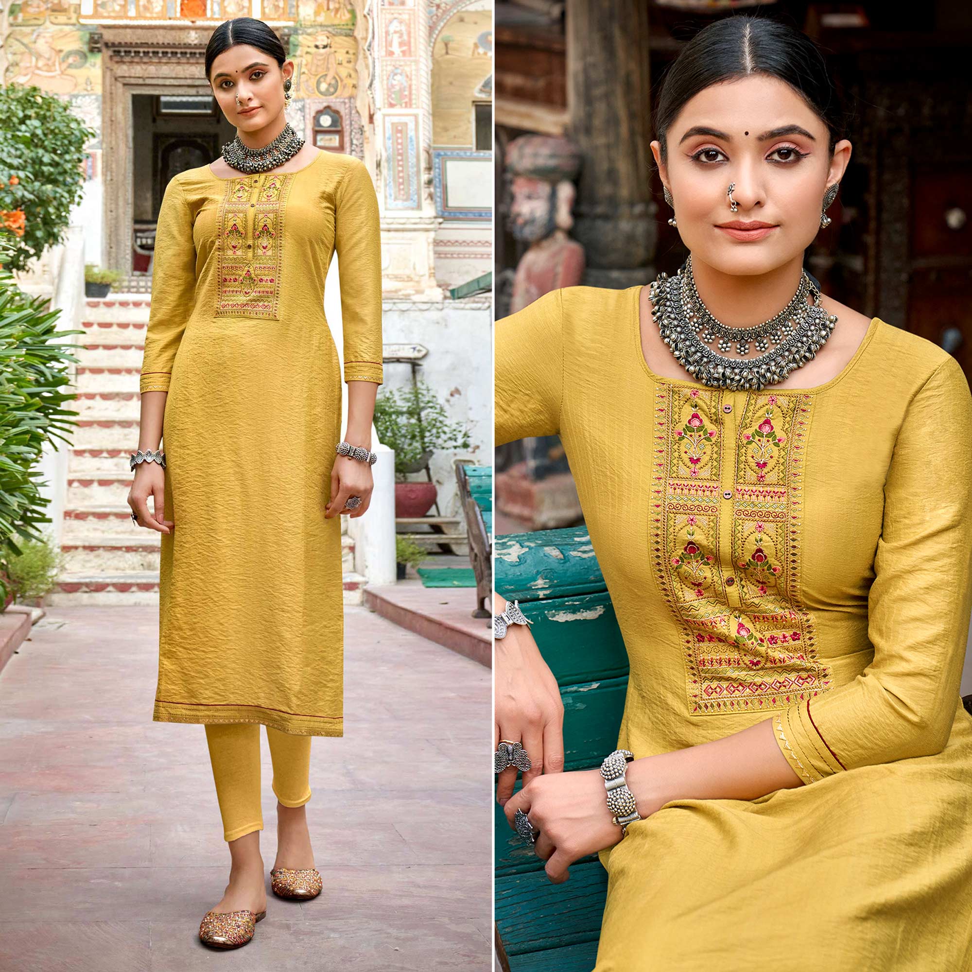 Yellow Embroidered Viscose Kurti