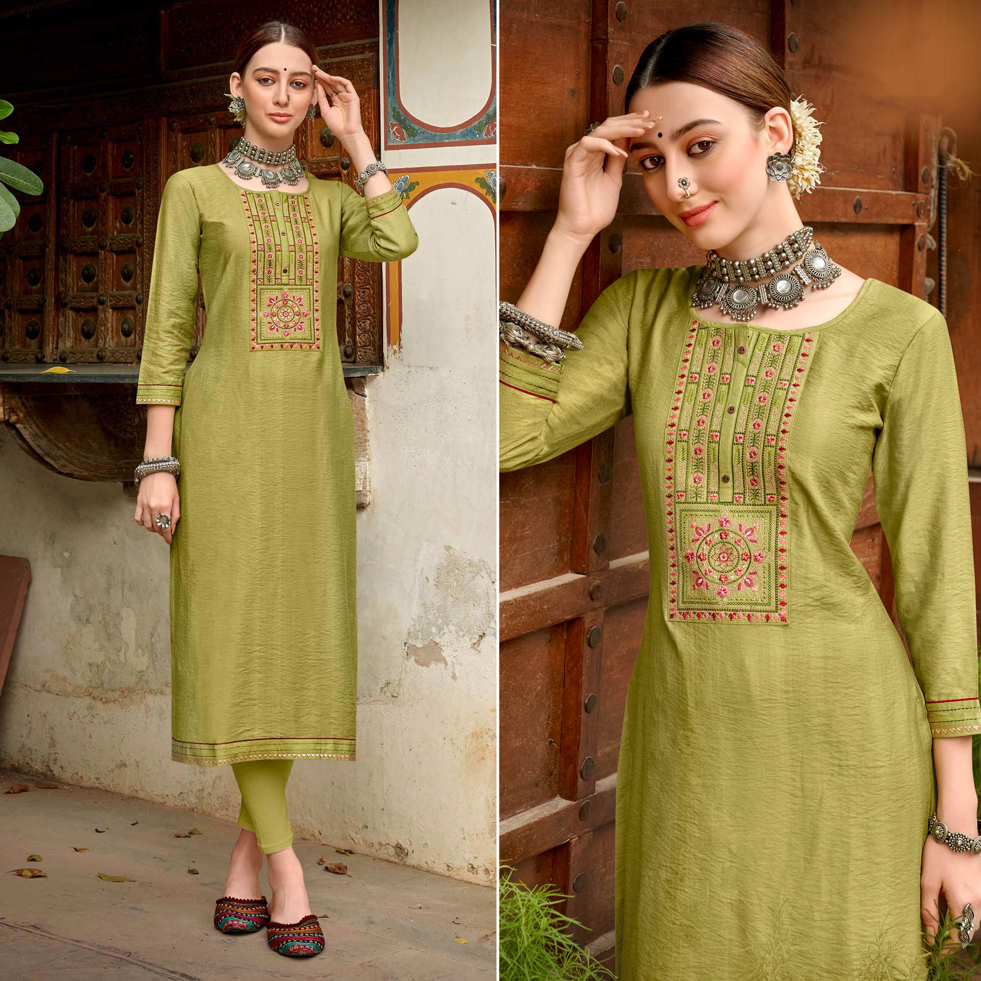 Green Embroidered Viscose Kurti