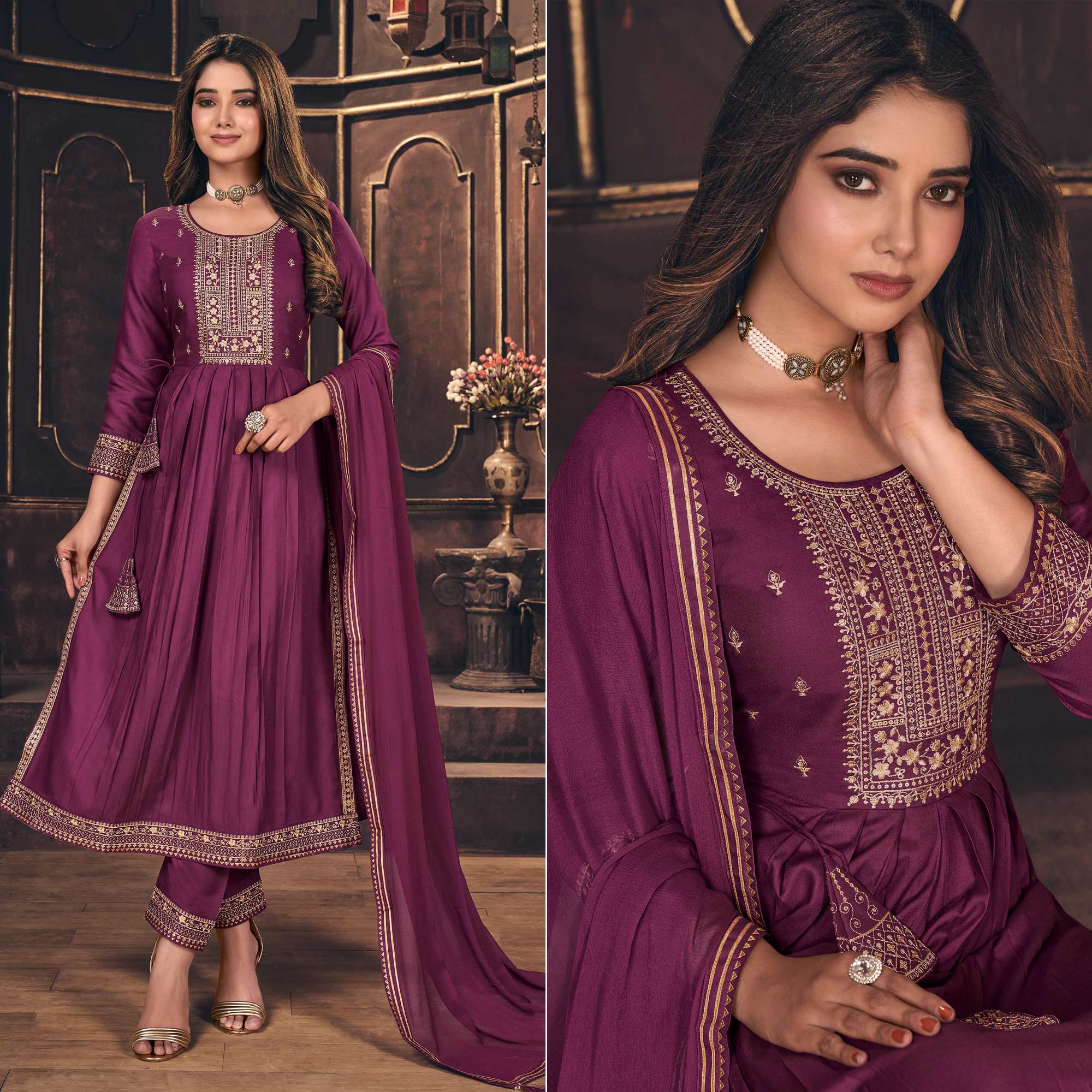 Wine Embroidered Cotton Silk Naira Cut Suit