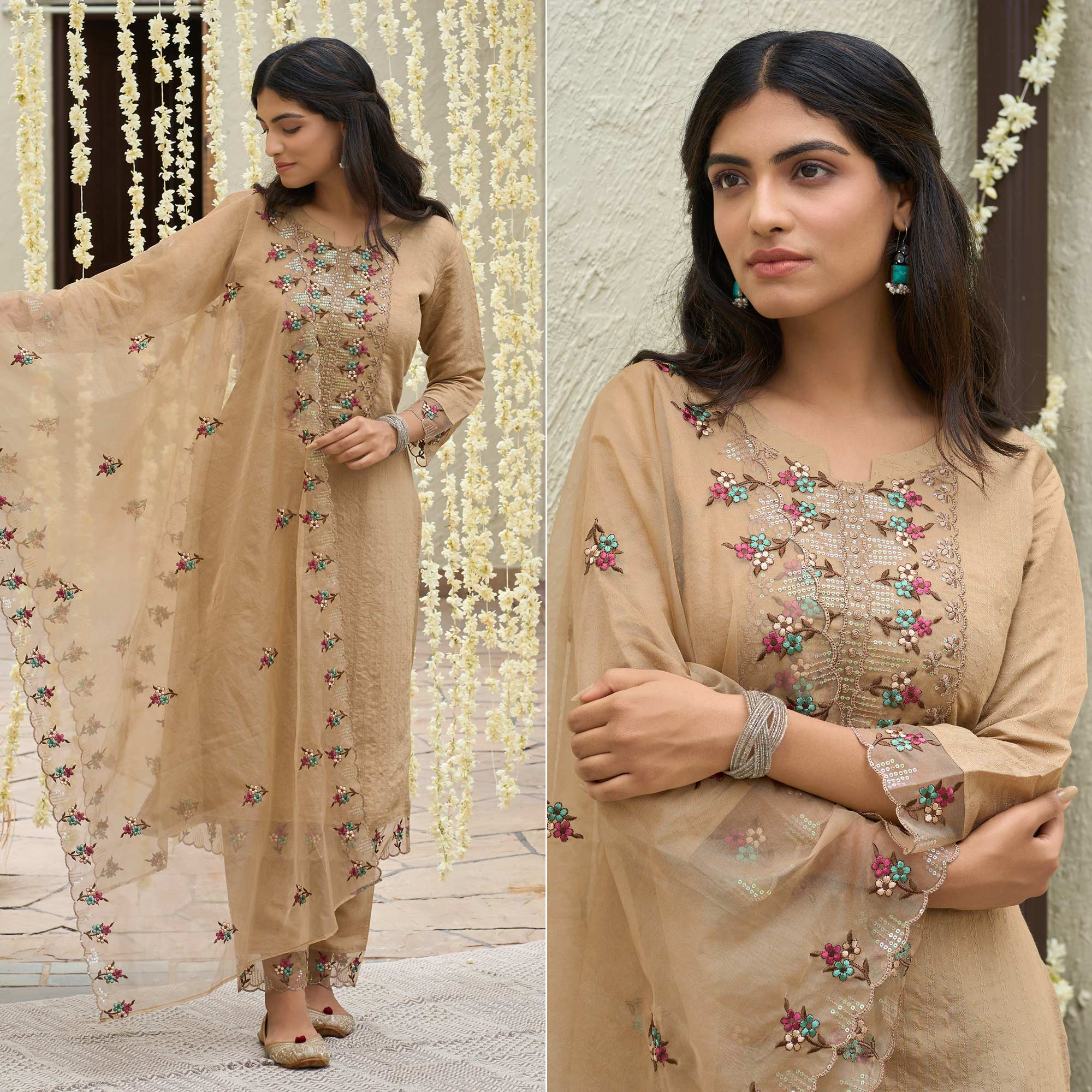 Chikoo Floral Embroidered Rayon Salwar Suit