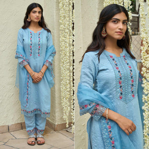 Blue Floral Embroidered Rayon Salwar Suit